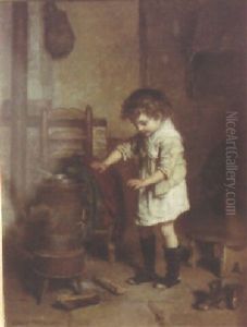 An Interior Scene With Child Warming At Stove Side
