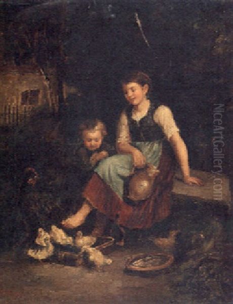 A Mother And Child In A Farmyard With Ducks - view 1