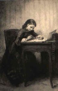 A Young Girl Painting by Pierre Edouard Frere