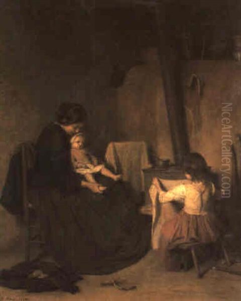 Mother And Her Children In An Interior - view 1