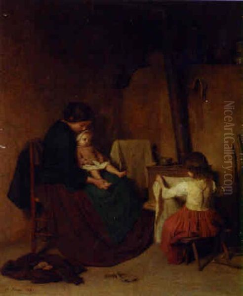 A Mother And Children In A Kitchen Interior - view 1