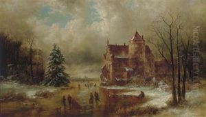 Skaters By A Castle by William Charles Anthony Frerichs