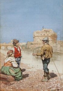 Fisherfolk On A Coastal Inlet by Giuseppe Aureli