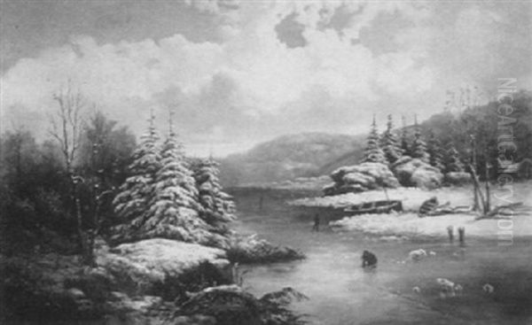 Winter Landscape With Skaters And Cottage - view 1