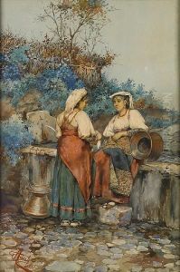 Two Maidens At A Fountain by Giuseppe Aureli