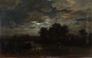 Flussfischer Bei Vollmond Und Fackelschein by Richard Fresenius