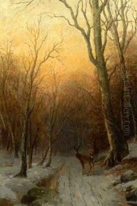 Abendstimmung Uber Winterlichem Waldweg Mit Rehwald by Richard Fresenius
