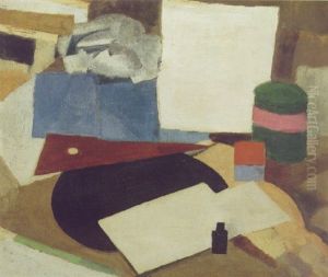 Nature Morte A L'equerre Sur Disque Noir Avec Bouteille D'encre
