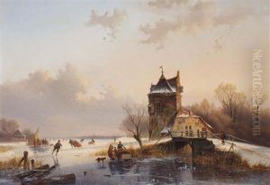 Figures Skating On A Frozen Waterway by Jacobus Freudenberg