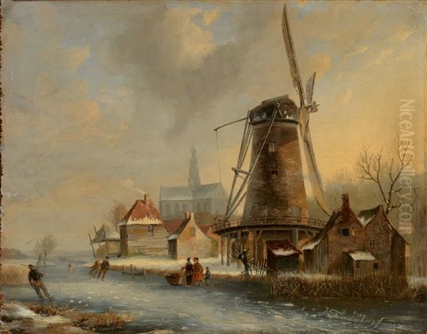 Eisvergnugen Mit Zahlreichen Personen Auf Zugefrorenem Kanal Vor Stadtchen Mit Kirche Und Windmuhle - view 1