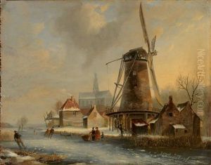 Eisvergnugen Mit Zahlreichen Personen Auf Zugefrorenem Kanal Vor Stadtchen Mit Kirche Und Windmuhle by Jacobus Freudenberg