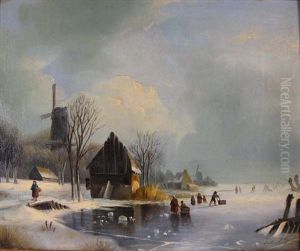 View Of A Dutch River In Winter by Jacobus Freudenberg