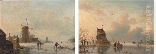 Skaters On A Dutch Waterway By A Windmill (+ Skaters By A Riverside Cottage; Pair) - view 1