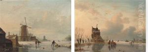 Skaters On A Dutch Waterway By A Windmill (+ Skaters By A Riverside Cottage; Pair) by Jacobus Freudenberg