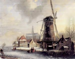 Winterliches Eisvernugen Mit Windmuhle, Kirche, Malerischen Hausern Und Schlittschuhlaufern Aus Dem Eis by Jacobus Freudenberg
