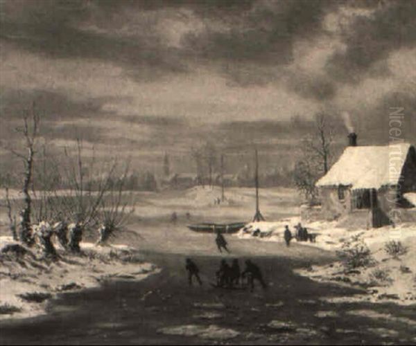Skaters And Figures On A Sledge In Landscape - view 1
