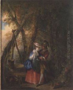 A Gentleman Courting A Lady By A Well In A Wooded Landscape by Sigmund Freudenberger