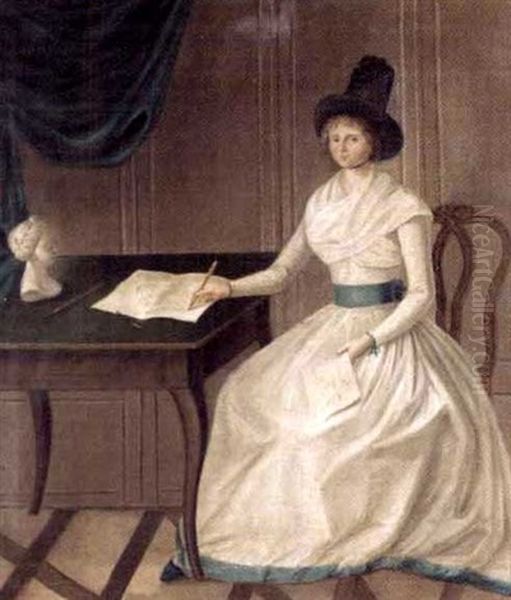 Portrait Of A Young Lady Wearing A White Musling Dress, Seated In An Interior At A Writing Desk - view 1