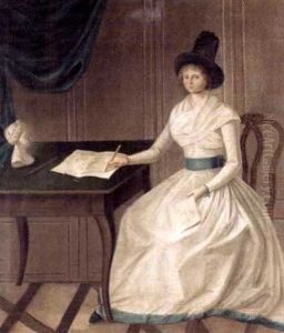 Portrait Of A Young Lady Wearing A White Musling Dress, Seated In An Interior At A Writing Desk by Heinrich Freudweiler