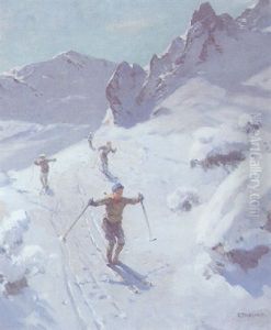 Vier Skifahrer Im Hochgebirge