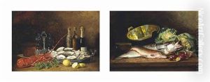 Lobster With Champagne And Oysters On A Ledge (+ Fish With Cabbages On A Ledge; Pair)