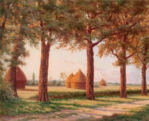 A Tree Lined Road With Haystacks In The Background