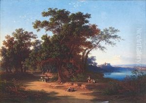 Peasants On A Road, With Castel Gandolfo And Lake Albano On The Right
