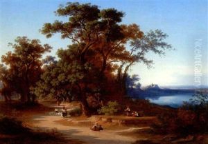 Parti Fra Albanerbjergene Med Udsigt Mod Pavens Sommerpalads Castelgandolfo, I Forgrunden Intalienerinder by Johann Jakob Frey
