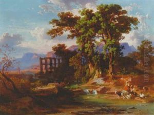 Peasants In An Italianate Landscape by Johann Jakob Frey