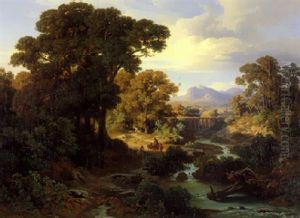 Italienische Landschaft Mit Viadukt Und Personen Auf Einem Weg