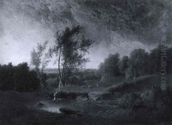 Paysanne Avec Un Chien Au Bord D'un Etang, Dans Des Collines Avec Des Arbres - view 1