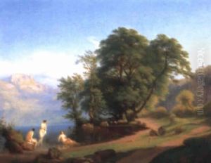 Sudliche Landschaft Mit Badenden Am Ufer Eines Sees