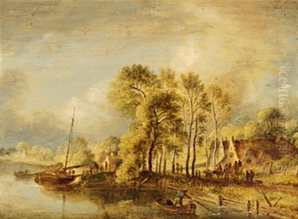 Flusslandschaft Mit Fischerbooten Und Reisenden - view 1