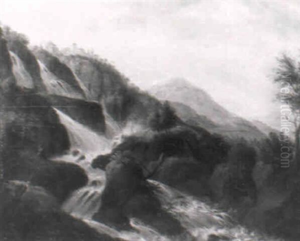 Gebirgslandschaft Mit Wasserfallen Und Einer Burganlage - view 1