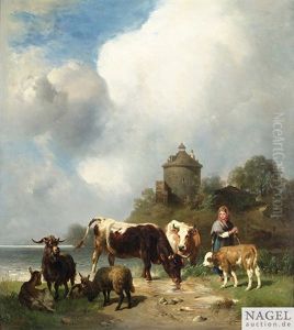 Weidende Tiere Mit Hirtin Am Seeufer