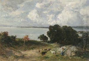Blick Auf Die Insel Reichenau, Im Vordergrund Ein Ziegenhirte