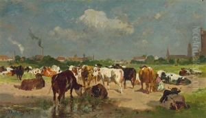 Lagernde Kuhe Vor Einer Stadt (vermutlich Karlsruhe-daxlanden)
