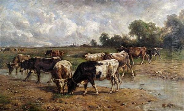 Rinderherde An Einer Wasserstelle In Weiter Landschaft - view 1