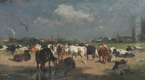 Lagernde Kuhherde Vor Einer Stadt (karlsruhe-daxlanden?) by Wilhelm Frey