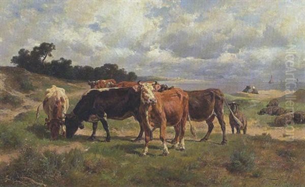 Weidende Kuhe Und Schafte Vor Kustenlandschaft - view 1