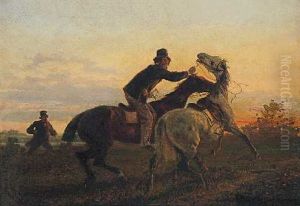 Erwischt: Ein Reiter Fangt Das Durchgegangene Pferd Eines Heraneilenden Herren by Konrad Freyberg
