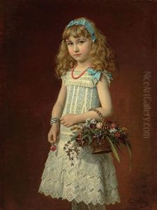 Young Girl With A Basket Of Flowers by Konrad Freyberg