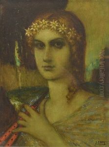 A Girl With Floral Wreath, Holding A Shawm