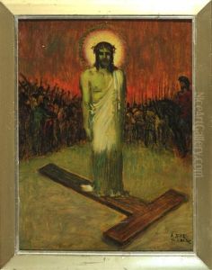 Jesus Mit Dornenkrone Und Kreuz Umgeben Von Soldaten by Adolf Frey-Moock