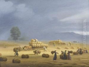 Bauern Mit Wagen Bei Der Ernte Auf Dem Feld.