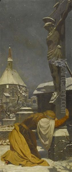 Nachtliche Winterszene Mit Junger Frau Vor Einem Kreuz - view 1