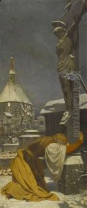 Nachtliche Winterszene Mit Junger Frau Vor Einem Kreuz by Albert Freytag