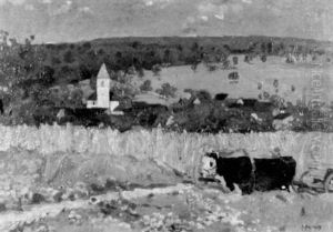 Kuhgespann Vor Weizenfeld, Im Mittelgrund Ein Dorf by Heinrich Freytag