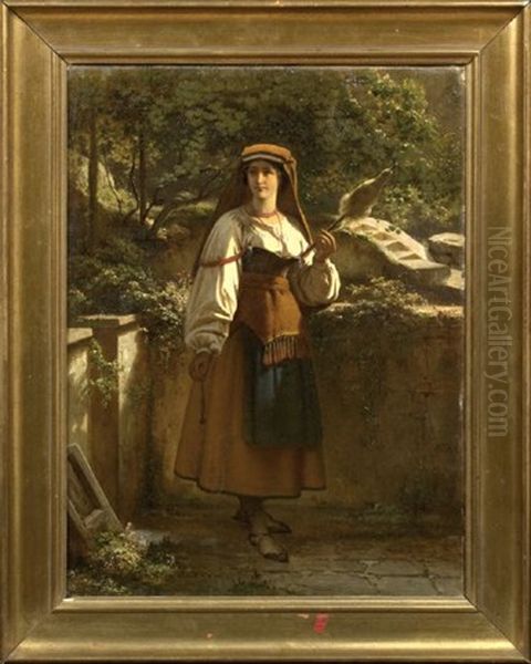 Country Maiden On A Terrace Holding Distaff And Spindle - view 1