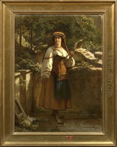 Country Maiden On A Terrace Holding Distaff And Spindle